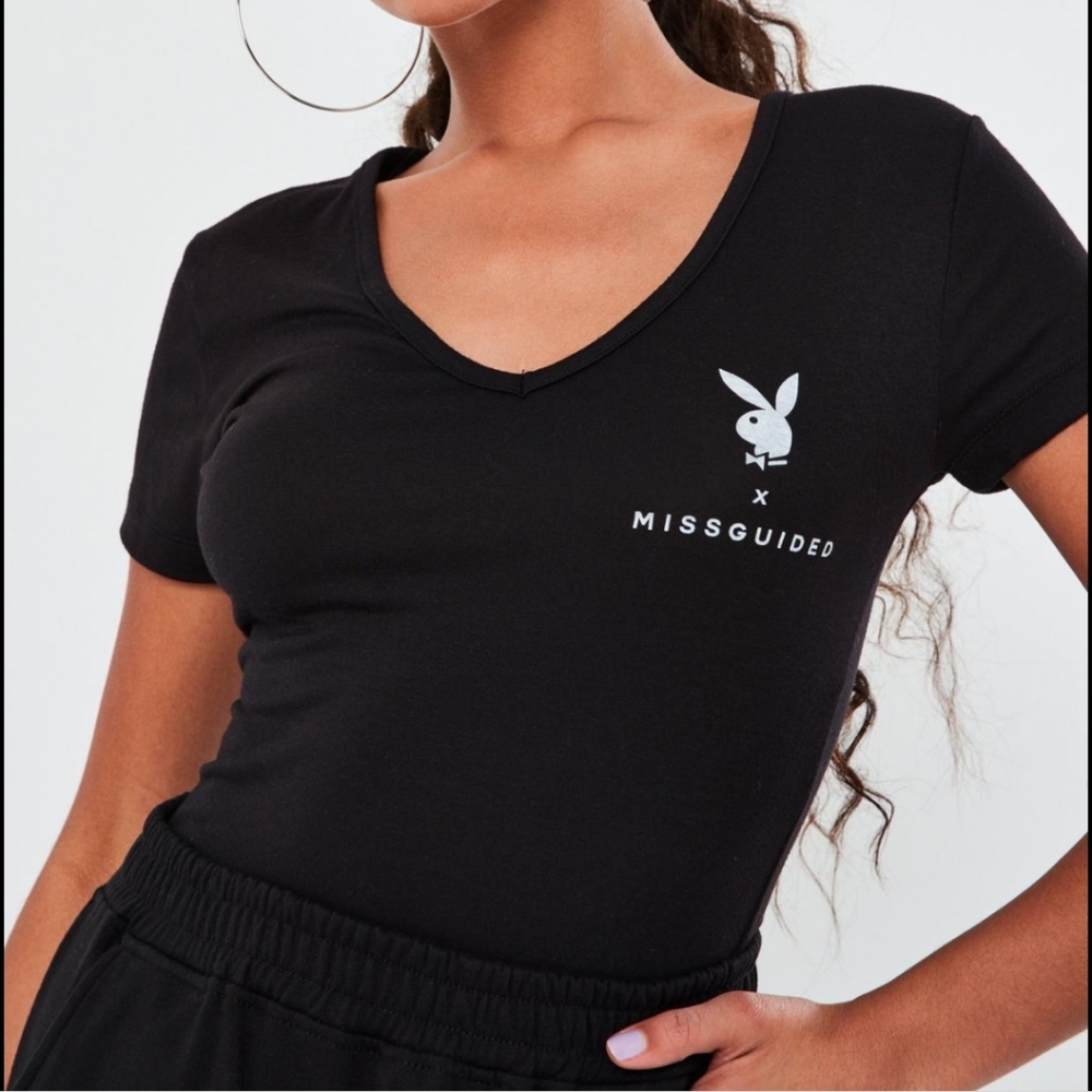 Missguided x Playboy Black Vneck Short Sleeve Tee